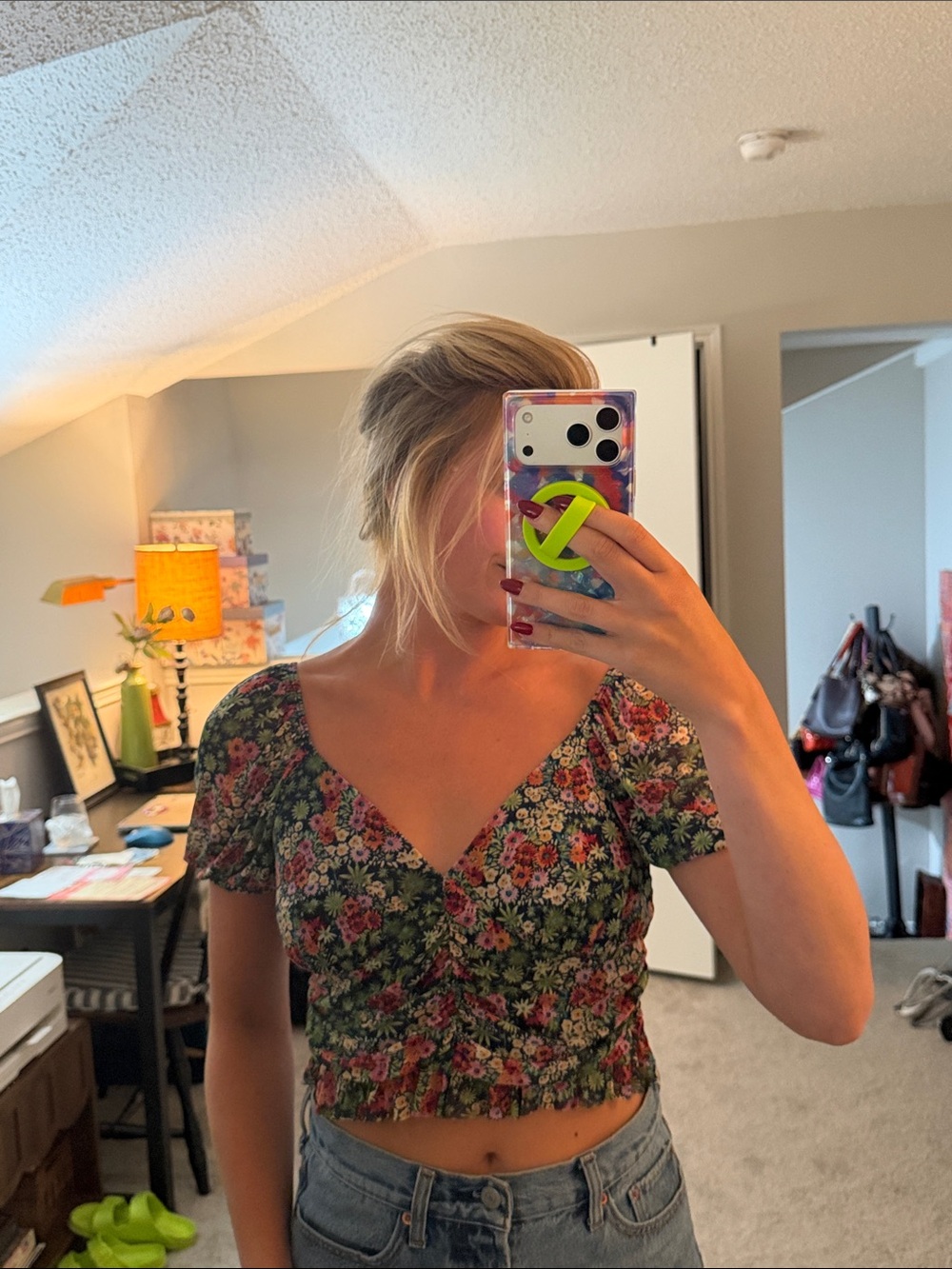 Urban Outfitters Green Floral Cropped Wrap Top